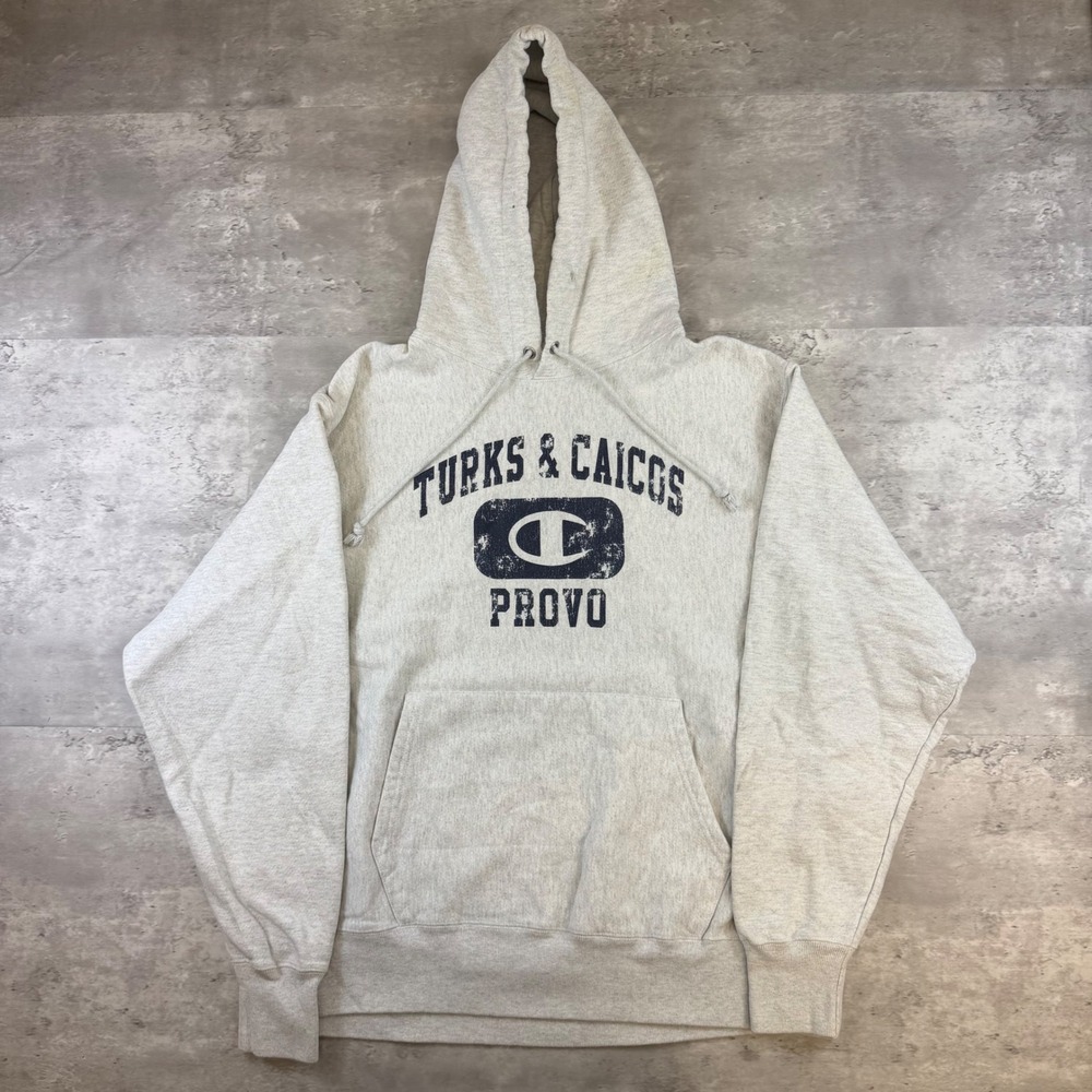 Champion Reverse Weave Hoodie Turks & Caicos Provo Gray Mens Large Distressed